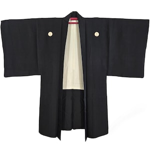 Japanese Mens Black Montsuki Silk Kimono & Haori Set, 5 Kamon Family Crest, Omodaka Arrowhead Mon, Vintage Men&#39;s Wedding Samurai Kimono Coat