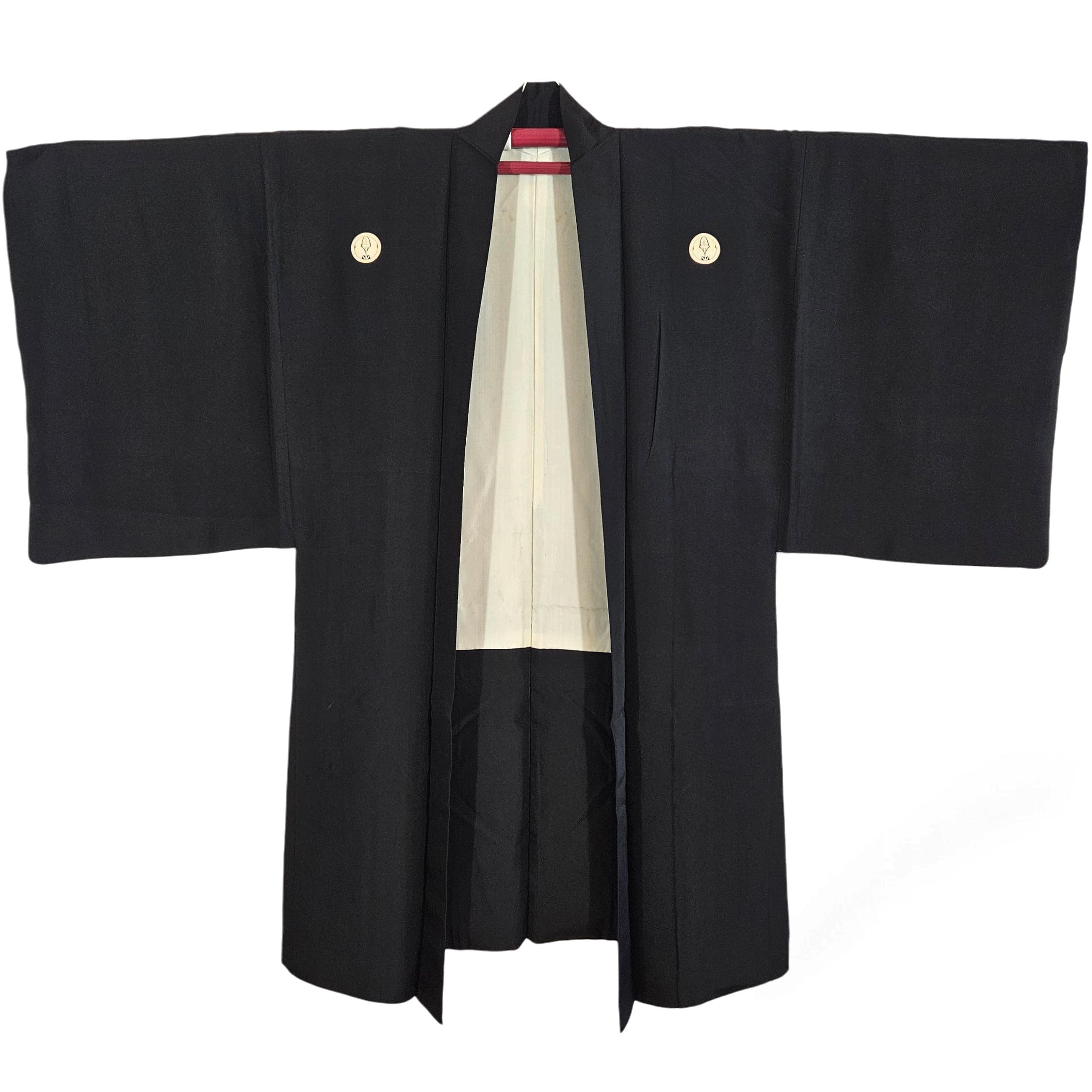 Japanese Mens Black Montsuki Silk Kimono & Haori Set, 5 Kamon