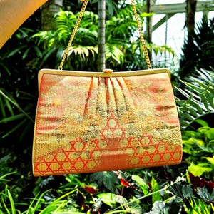 Stylish Japanese Kimono Handbag, Vintage Gold Orange Autumn Art Deco Silk Evening Bag Gold Chain, Kikko & Floral Designs, Kimono Accessory