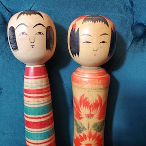 Vintage Kokeshi Dolls, Cute Japanese Kokeshi Doll Couple,  Hand Painted Wood Signed by Artist, Japan Wedding Anniversary Gifts, Wooden Toys