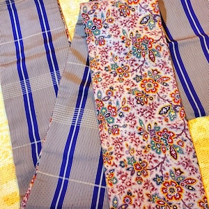 Japanese Silk Hanhaba Obi, Reversible Purple White Stripes & Floral Victorian Design, Antique Kimono Belt Accessory, Kitsuke