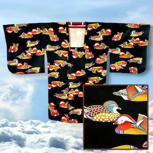 Rare Silk Kimono Jacket, Women&#39;s Japanese Michiyuki Coat, Black Colorful Mandarin Ducks, Pop Art 80s Statement Evening Jacket, Front Pocket