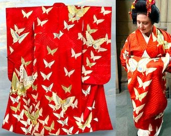 Stunning Authentic Vintage Red Furisode Kimono- Luxurious Silk Japanese Wedding Kimono with Embroidered Butterflies, Bridal Wedding Kimono