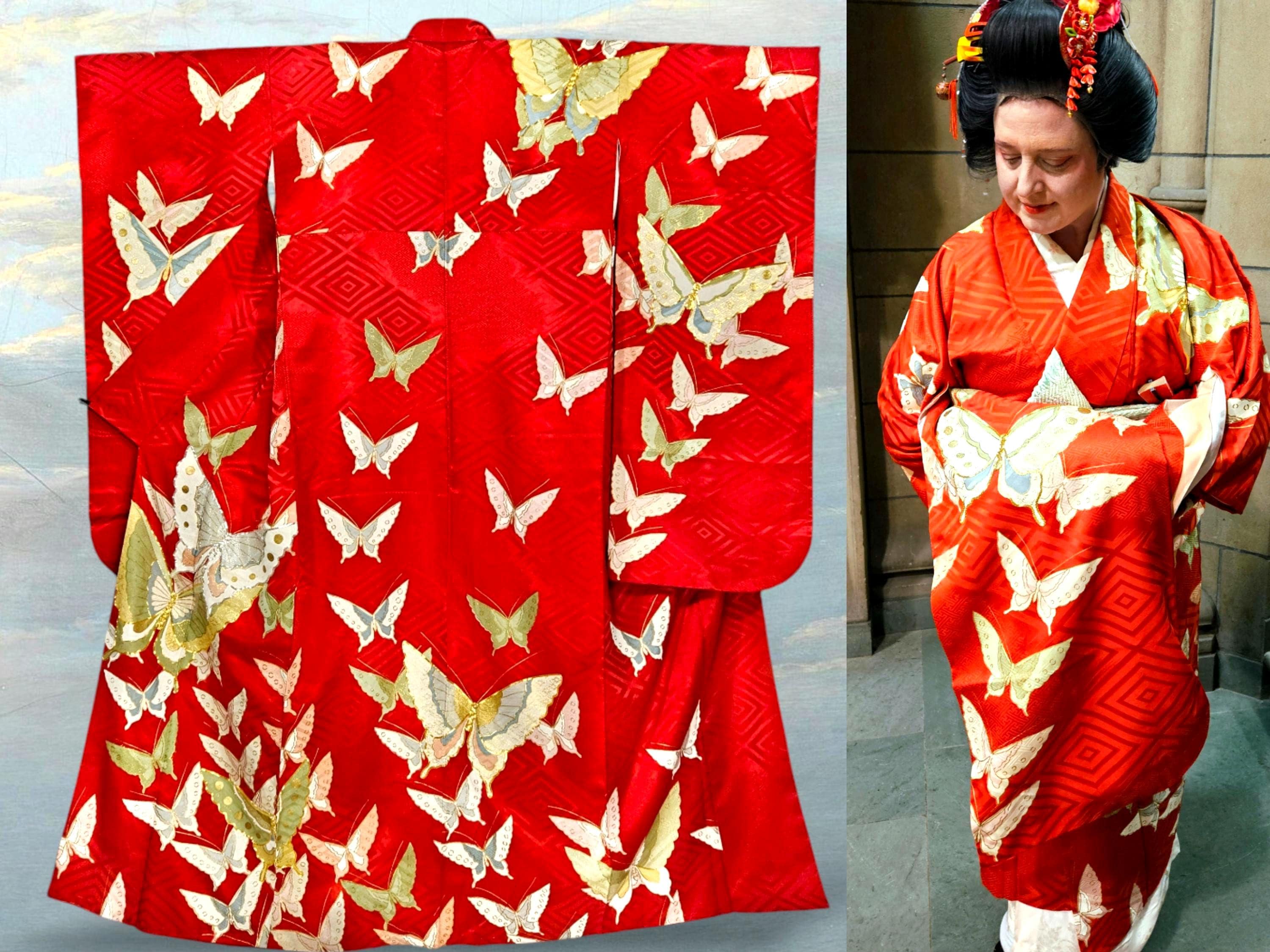Vintage Red Furisode Kimono: Embroidered Silk Butterfly Wedding