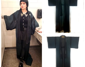 Sheer Black Kimono, Japanese Summer Kimono, Pinstripes inside, Goth Aesthetic Women's Kimono Robe