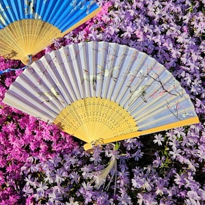 Elegant White Crane Cherry Blossom Folding Fan, Cherry