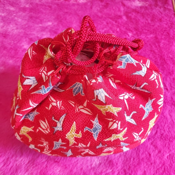 Rare Gorgeous Cranes Japanese Handbag, Red Chirim… - image 6