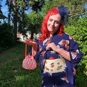 Retro 60s 70s Vintage Silk Butterfly Handbag with Blue & Red Butterflies and Flowers, Cute Summer Kimono Bag Purse, Accessories Bag