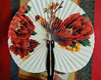 Gorgeous Asian Pocket Folding Fan, Song bird with Crimson Red & Gold Peony Flowers on White, Chinese Round Paper Hand Fan, Heatwave Accessor