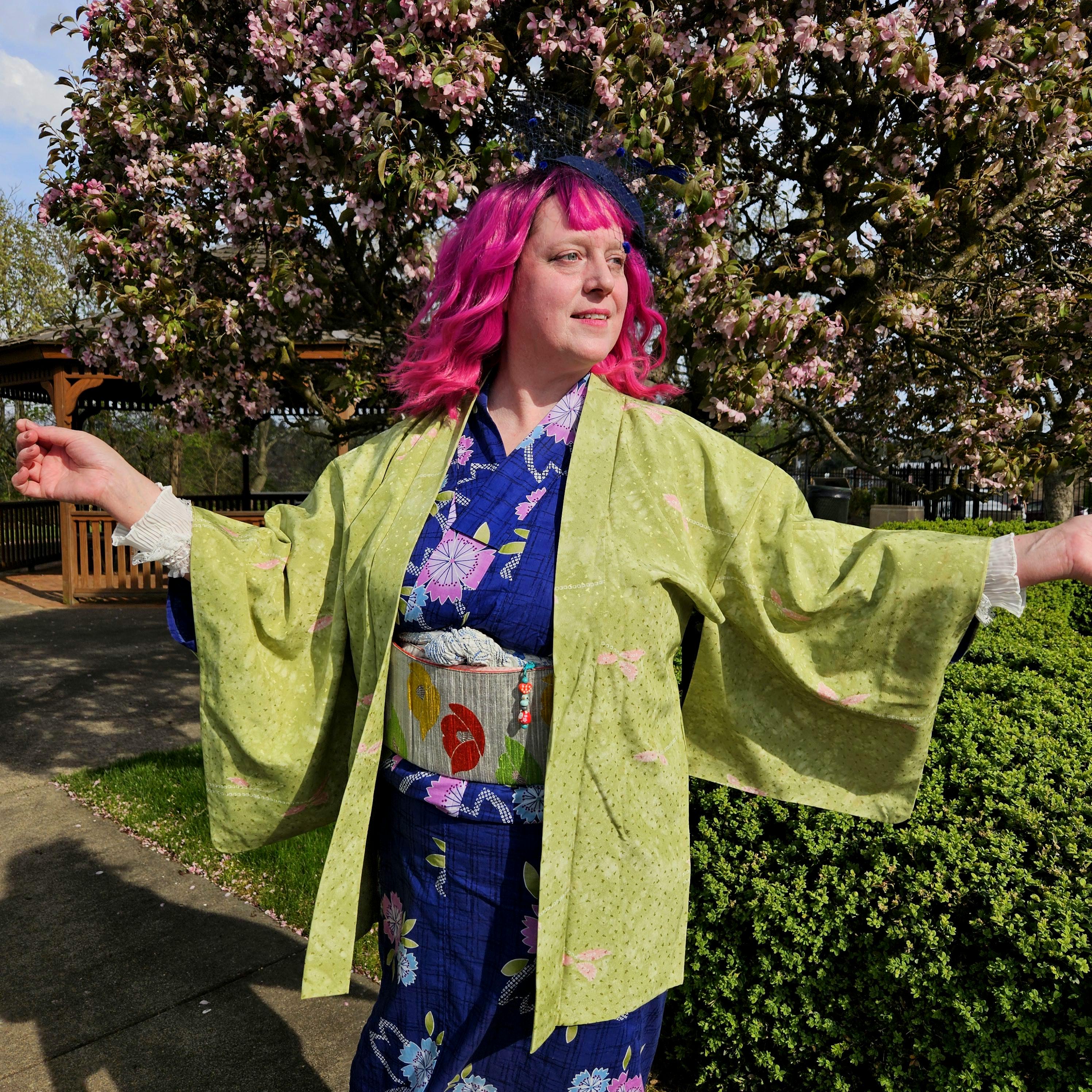 Beautiful Shibori Japanese Haori Kimono Jacket, Matcha Green