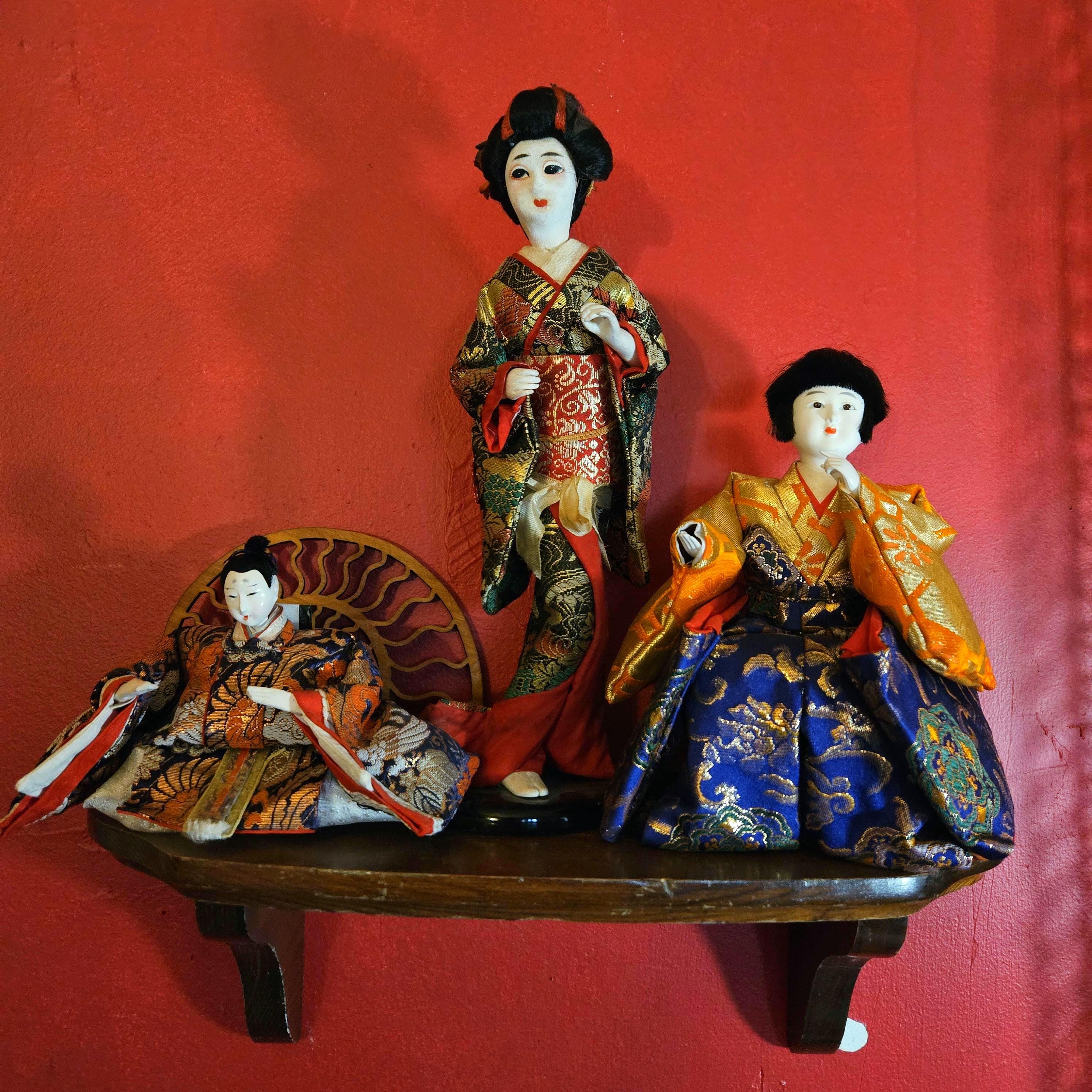 Beautiful Vintage Japanese Hina Doll With Silk Brocade Kimono, Boy