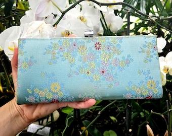 Pretty Vintage Pale Blue Floral Silk Clutch Handbag, Kimono Accessories Bag Japan