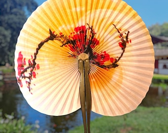 Asian Folding Fan Sakura Flower Tree, Pocket Paper Hand Fan with Red Deep Pink Sakura Blossoms on Yellow Sunset, Heatwave Chinese Pocket Fan