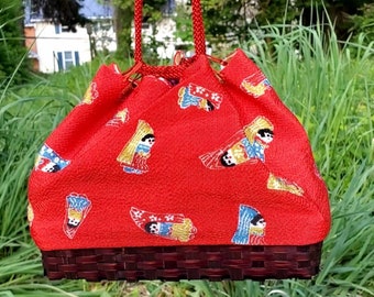 Red Chirimen Silk Japanese Kinchaku Handbag,  Kimono Bag with Colorful Dolls, Bamboo basket purse, Retro Bento Bag, Japan Gift for her