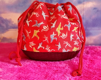Rare Gorgeous Cranes Japanese Handbag, Red Chirimen Silk Kinchaku Kimono Bag, Colorful Cranes Bamboo Basket Purse, Japan Kitsuke Gift