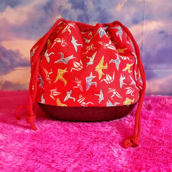 Rare Gorgeous Cranes Japanese Handbag, Red Chirim… - image 1