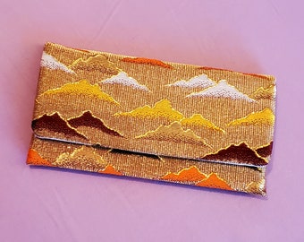 Gorgeous Japanese Mini Clutch Wallet with Mountain Clouds Design in Metallic Gold, Red & Orange, Kimono Accessory, Kitsuke Tea Ceremony, NOS