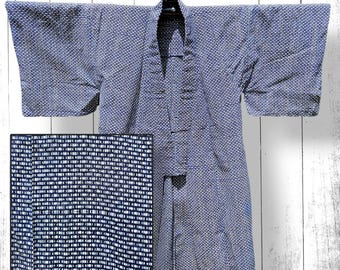 Kimono japonés Yukata azul para hombre, diseño abstracto de rombos, bata de spa de algodón vintage para verano.
