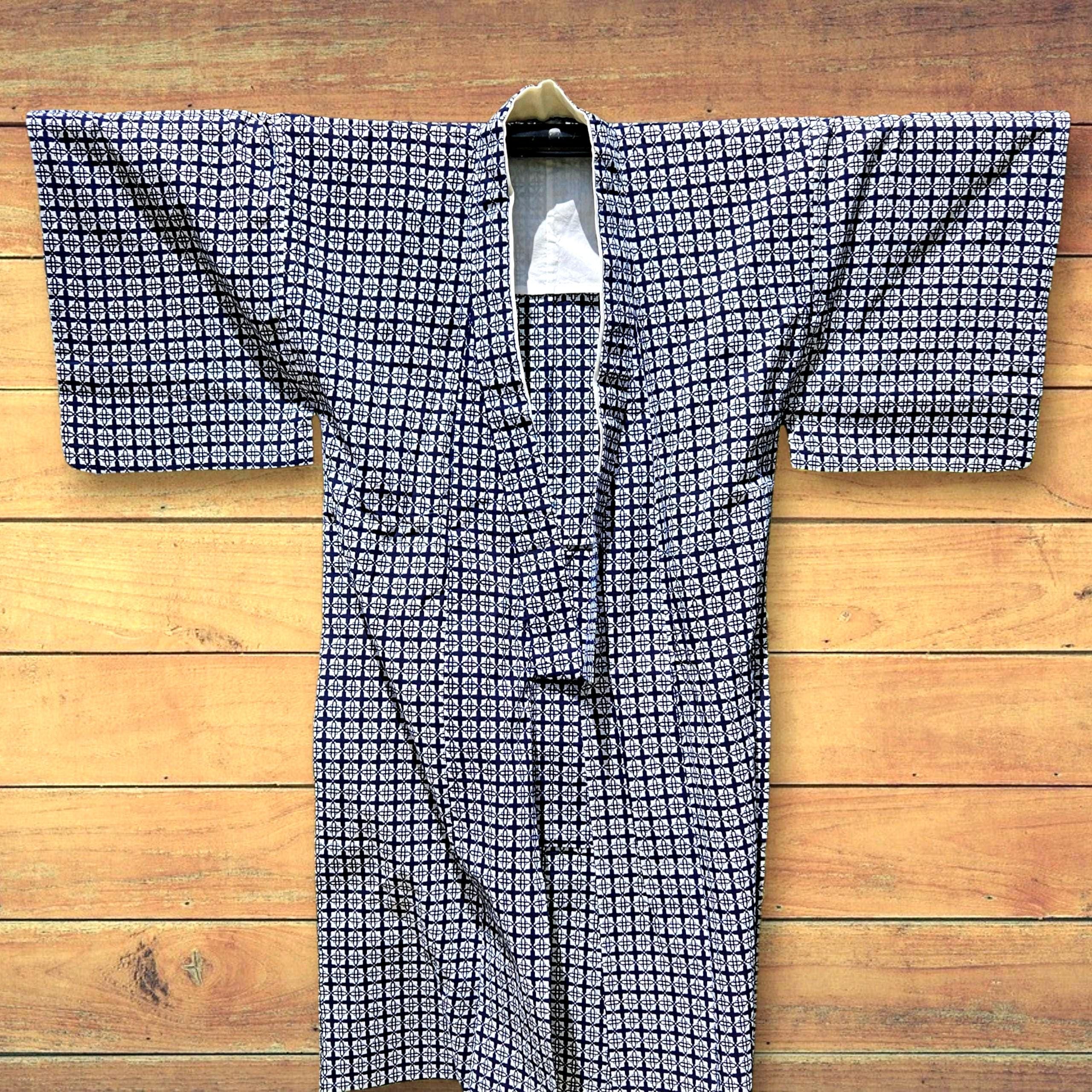Men's Yukata Japanese Kimono, Abstract Blue & White Cross Geometric Design, Vintage Summer Cotton Kimono Robe for Men