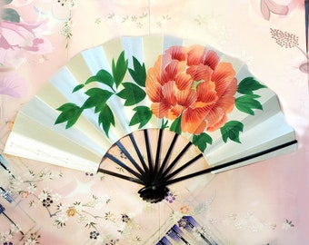 Beautiful Japanese Handpainted Floral Fan, Vintage Mai Ogi Sensu, Antique Fan, Peony Flowers Shiny White, Paper Bamboo fan, Japan Decor Gift