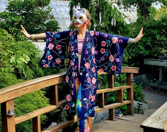 Vintage Floral Kimono Cardigan, Colorful Pink Sakura Flowers, Blue Cotton Yukata, Sz Small