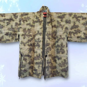 Japanese Silk Haori Kimono Jacket, Rare Moss Green Camouflage Pattern, Vintage Noragi Hanten, Women&#39;s Kimono Cardigan, Med to Large Plus