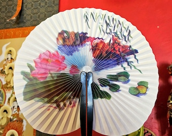 Abanico plegable asiático, abanico de bolsillo floral con patos silvestres y flores de camelia, abanico de papel chino redondo