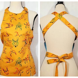 Rare Japanese Cross Back Apron w Pockets & Kabuki Mask Art, Cotton Canvas Artist Apron, Sushi Chef Apron, XS Womens or Youth Kids apron
