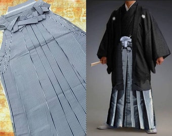 Hakama, hakama pour homme, hakama samouraï japonais, polyester rayé bleu noir et gris, hakama Andon, hakama homme vintage, pantalon kendo kimono pour homme