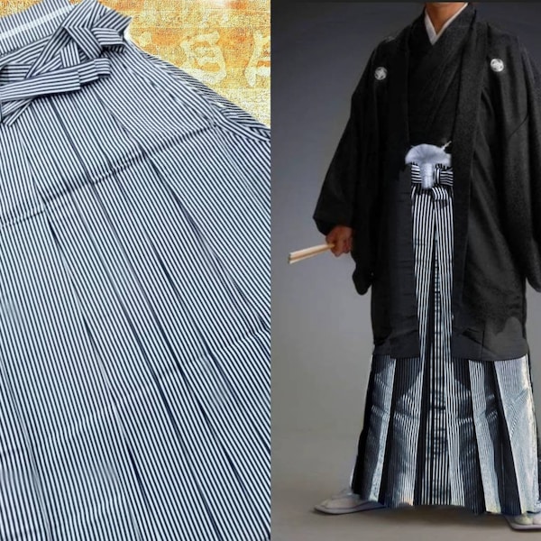 Hakama, hakama pour homme, hakama samouraï japonais, polyester rayé bleu noir et gris, hakama Andon, hakama homme vintage, pantalon kendo kimono pour homme