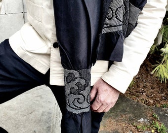 Stunning Mens Black Silk Heko Obi Scarf with Shibori Japanese Wave, Samurai Kimono Sash, New Unused Vintage, Japan Fashion Gift for him
