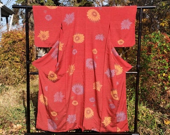 Gorgeous Coral Japanese Womens Kimono, Passion Flowers in Yellow Blue on Red, Meisen Tsumugi Silk Komon, Ikat Kaftan