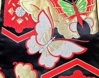 Japanese Fukuro Obi, Beautiful Vintage Silk Kimono Belt, Butterflies & Flowers, Gold Red Green Silver Black, Japanese Wedding Decor Textile