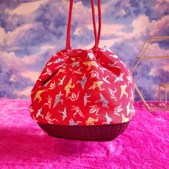 Rare Gorgeous Cranes Japanese Handbag, Red Chirim… - image 3