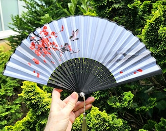 Japanese Folding Fan, Birds Sakura Blossoms, Black Bamboo, Silk Tassel Accessory
