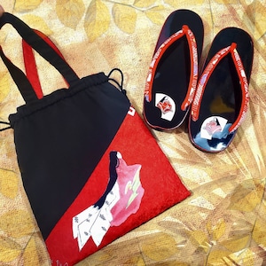 Gorgeous Japanese Handbag Shoes Set, Red & Black Silk Geisha Kimono Bag + Black Geta Sandals, Kimono Accessories, Japan Gifts for Her