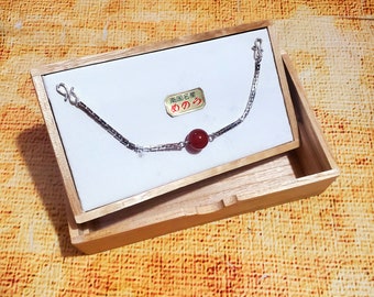 Gemstone Haori Himo, Haorihimo Red Agate Bead & Silver Sweater Chain, Japanese Haori Kimono Accessory, NOS Vintage NIB Japan Wood Gift Box