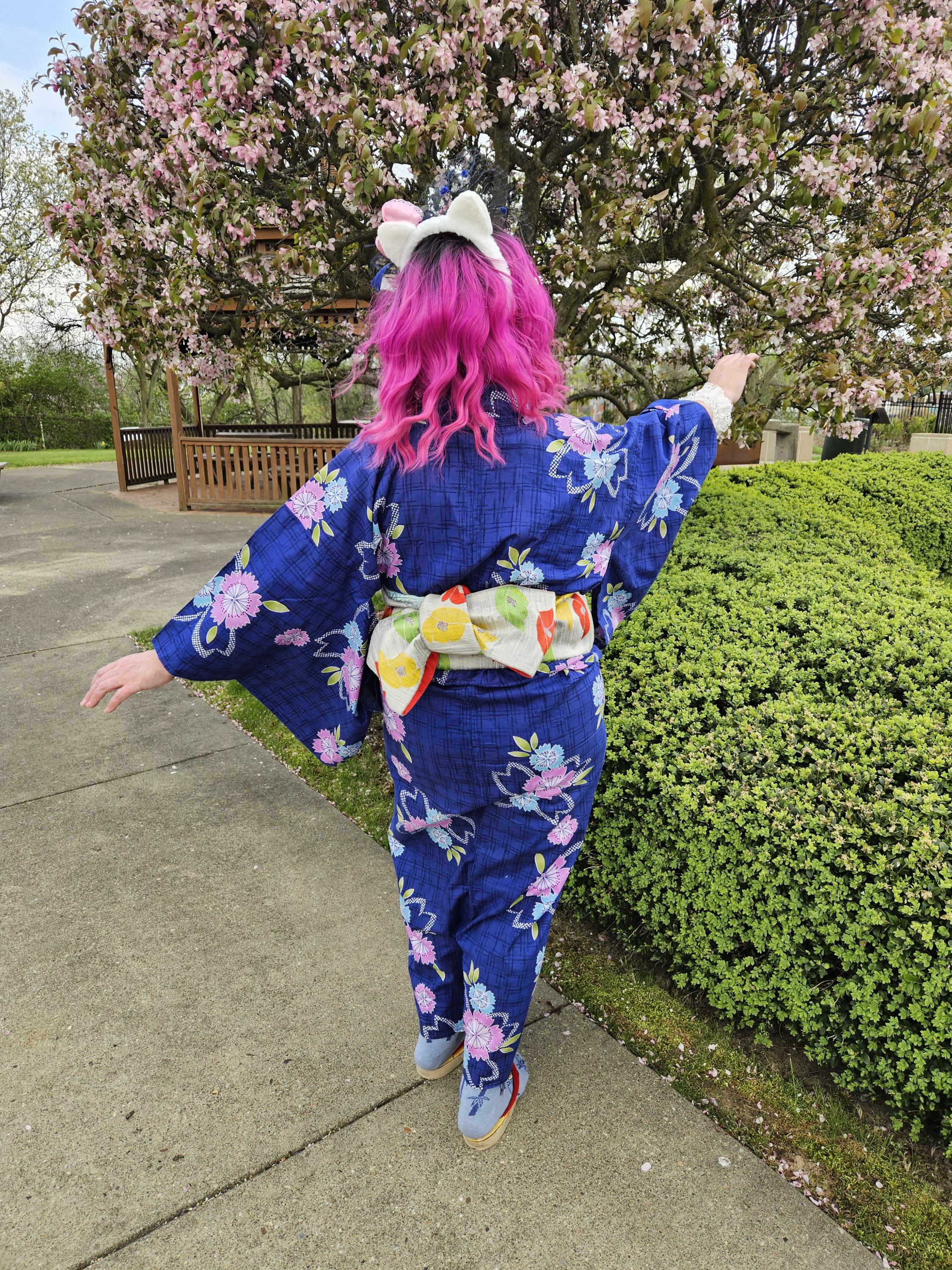 Japanese Cotton Yukata, Pink & Blue Sakura Floral Print, Indigo