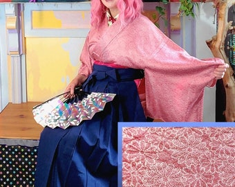 Beautiful Pink Floral Silk Japanese Kimono, Vintage Komon with Allover Flowers Pattern, Rare 1970s Kimono Robe, Fits Tall Women