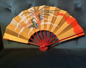 Rare Japanese Folding Fan, Vintage Mai Ogi Sensu, Gold Foil w/ Phoenix Peacock Pheasant Bird, Bamboo Hand Fan, Japan Decor, Kimono Accessory