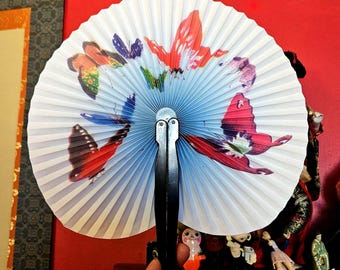 Round Asian Folding Fan with Butterfly Art, Pocket Paper Hand Fan in Blue and White with Red Purple Pink Green Butterflies, Chinese Fan