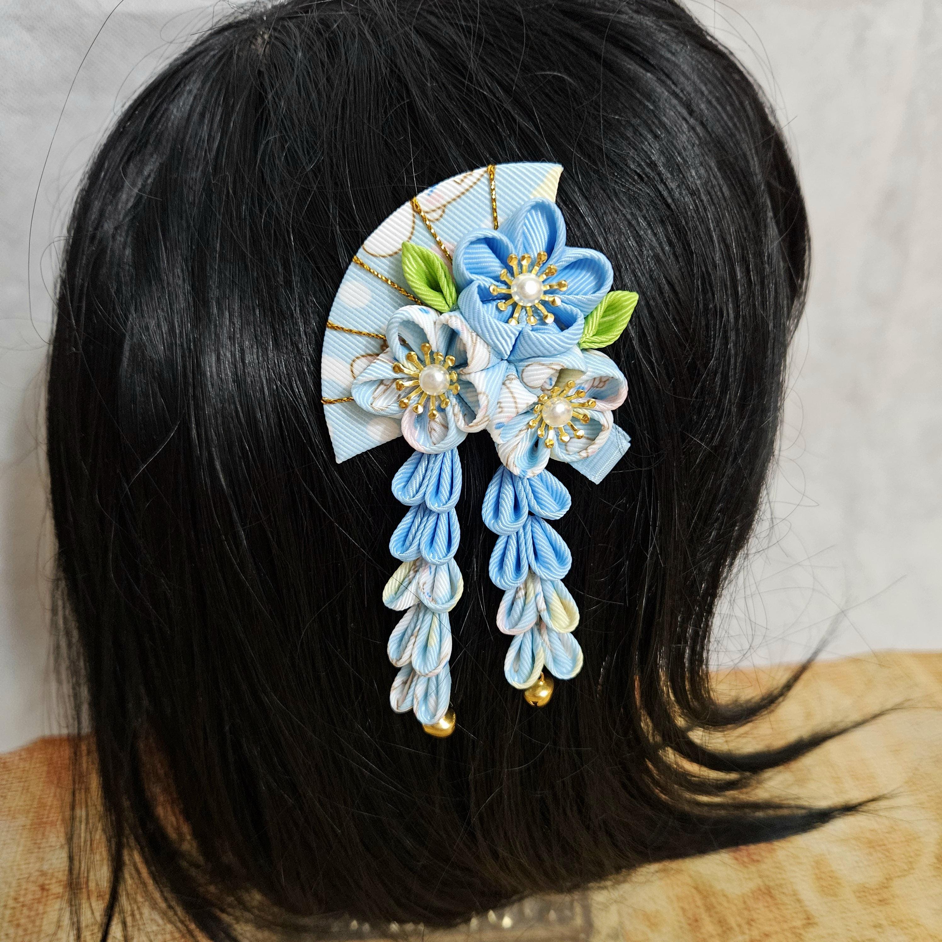 Kanzashi Hair Clip, Pale Blue Flowers Sakura Blossom Hair Clip