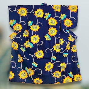 Gorgeous Womens Floral Yukata w/ Big Colorful Sunflowers, Gold Orange Teal on Blue, Washable 100% Cotton, Summer Japanese Kimono, Tall/Short