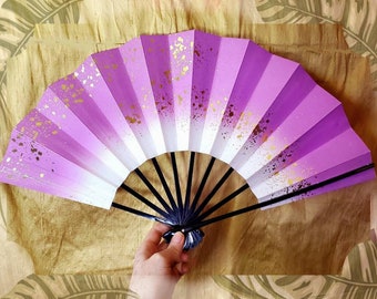 Vintage Mai Ogi, Japanese Folding Fan, Pale Purple Gradient with Gold Leaf Sprinkles, Handmade Paper Bamboo fan, Sensu