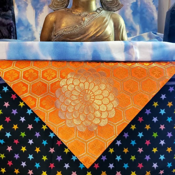 Japanese Buddhist Pennant Triangle Prayer Flag- Gold Lotus on Orange Embroidered Silk- Shinto Uchshiki Altar Cloth- Asian Wedding Decor