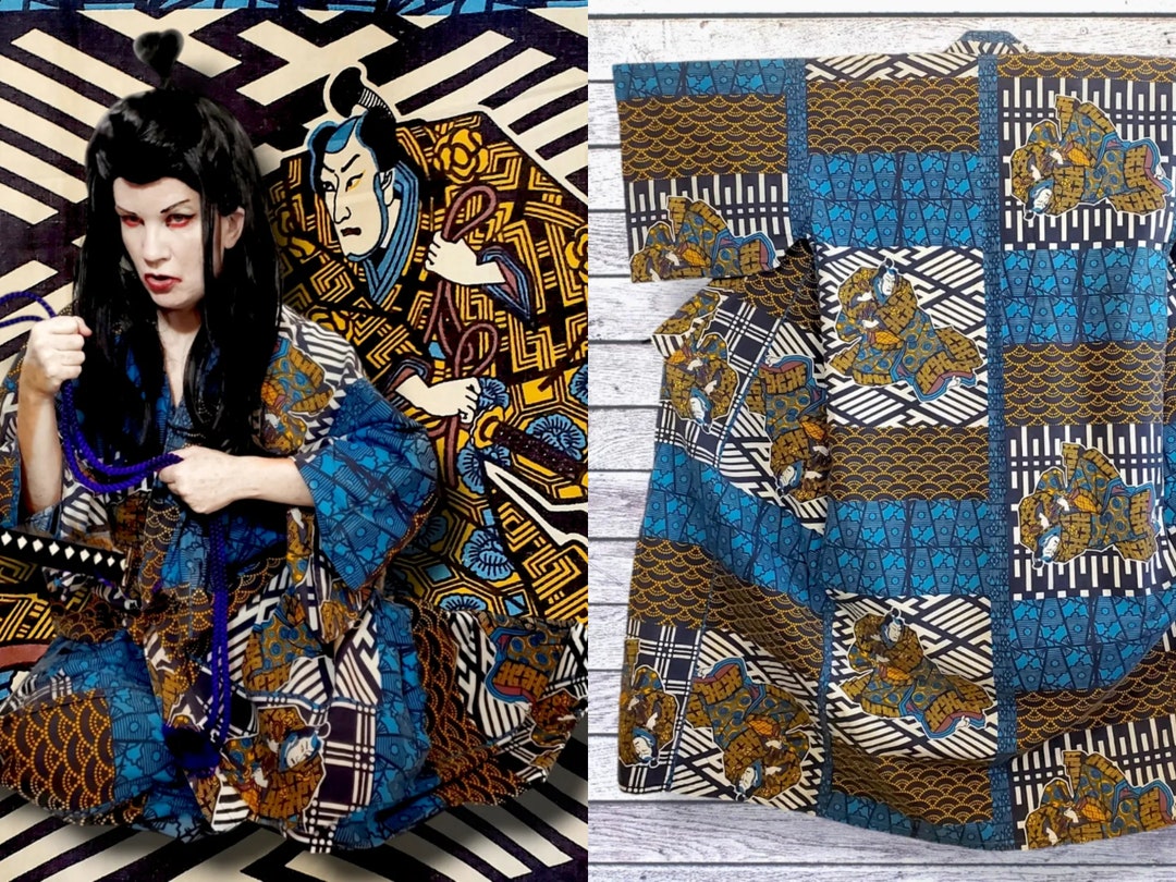 Rare Samurai Mens Yukata, Japanese Shogun Patchwork Pattern in Blue ...