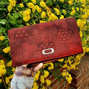 Japanese Red Snakeskin Style Clutch, Vegan Leather Handbag Evening Bag, Geometric Patterns, Vintage Patchwork Kimono Purse