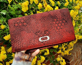 Japanese Red Snakeskin Style Clutch, Vegan Leather Handbag Evening Bag, Geometric Patterns, Vintage Patchwork Kimono Purse
