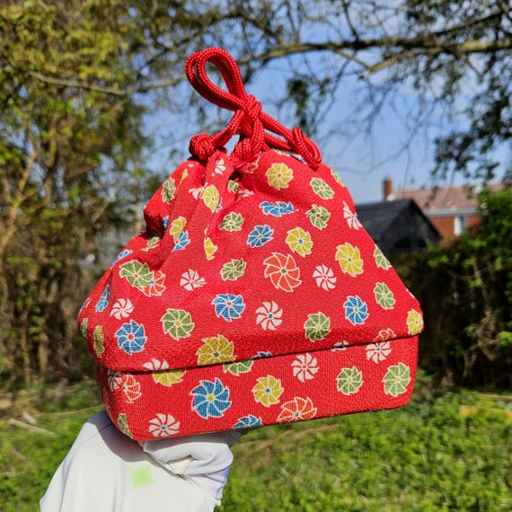 Pretty Vintage Red Silk Floral Drawstring Handbag, Japanese