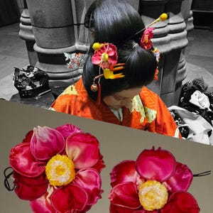 Kanzashi Flowers Set of 2, Large Rose Sakura Ume Blossoms in Red Pink Yellow, Japanese Hair Accessory, Wedding Hair Flower Accessories